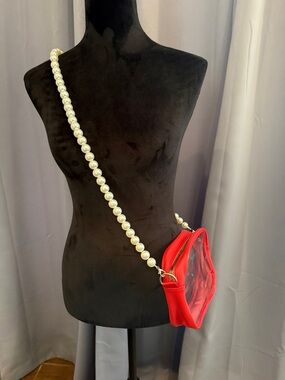Pearl-Handle Red Crossbody Bag with Clear Front